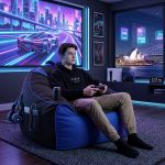 artiss gaming bean bag chair cover (no filler) for adults teens kids splash proof floor gaming chair cover with side pockets, headphone hanger, cup holder, bean bag cover only Teen gaming in neon-lit Sydney bedroom
