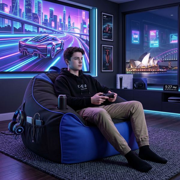 artiss gaming bean bag chair cover (no filler) for adults teens kids splash proof floor gaming chair cover with side pockets, headphone hanger, cup holder, bean bag cover only Teen gaming in neon-lit Sydney bedroom