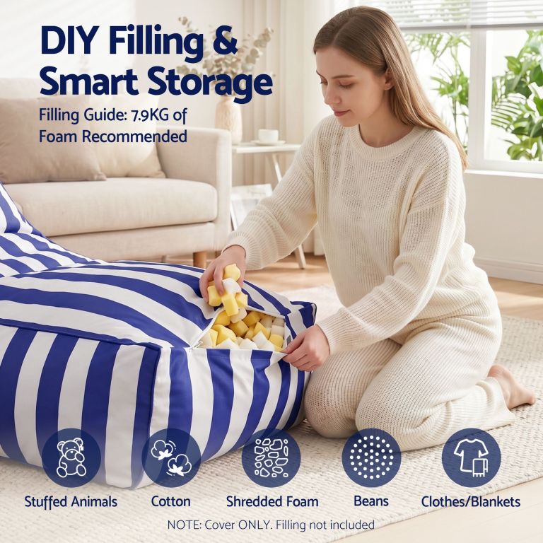 artiss outdoor bean bag chair cover (no filler) splash proof beanbag lounge sofacover stuffed animal storage bean bag cover for patio poolside relaxing, blue Woman filling striped bean bag with foam