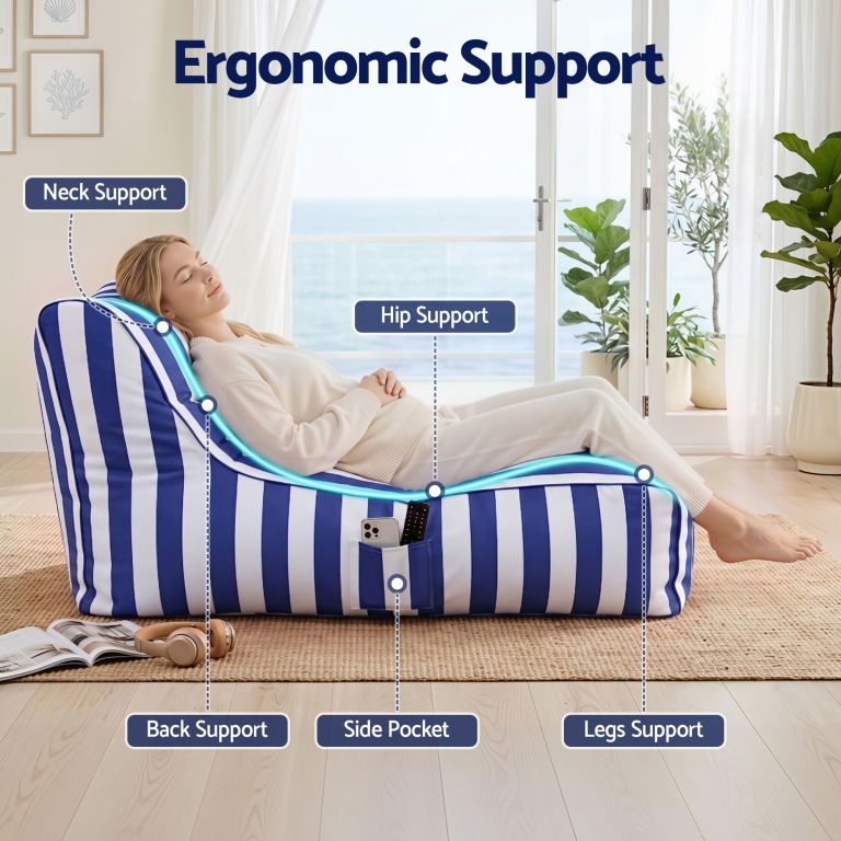 artiss outdoor bean bag chair cover (no filler) splash proof beanbag lounge sofacover stuffed animal storage bean bag cover for patio poolside relaxing, blue Woman relaxing on ergonomic striped lounge chair