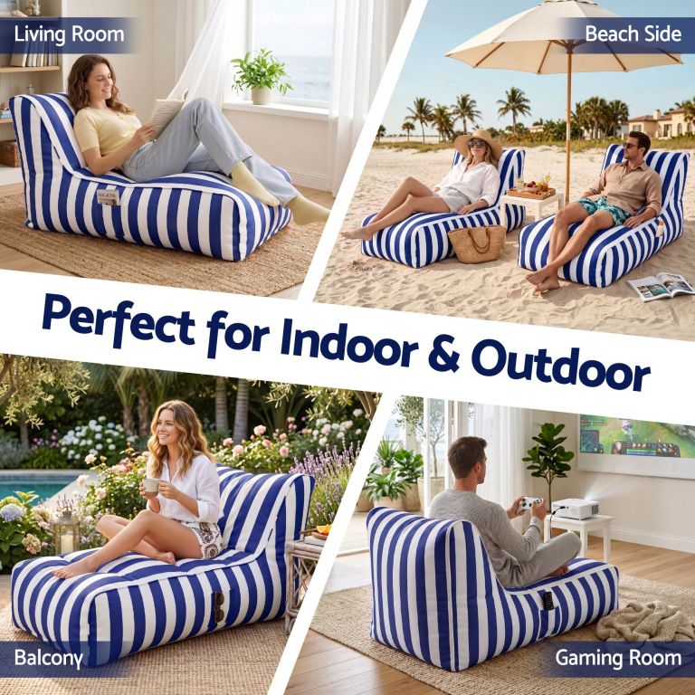 artiss outdoor bean bag chair cover (no filler) splash proof beanbag lounge sofacover stuffed animal storage bean bag cover for patio poolside relaxing, blue Blue striped lounge chair for indoor and outdoor use