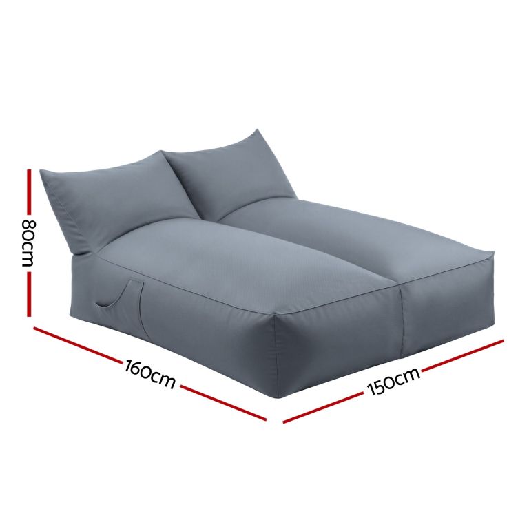 Grey double outdoor bean bag lounge with dimensions