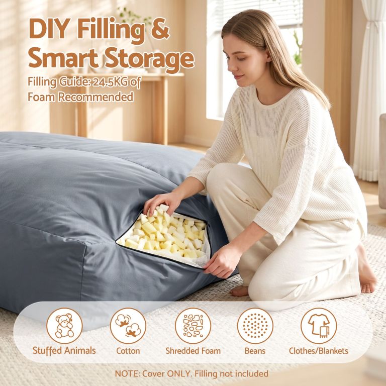 Woman filling bean bag with shredded foam