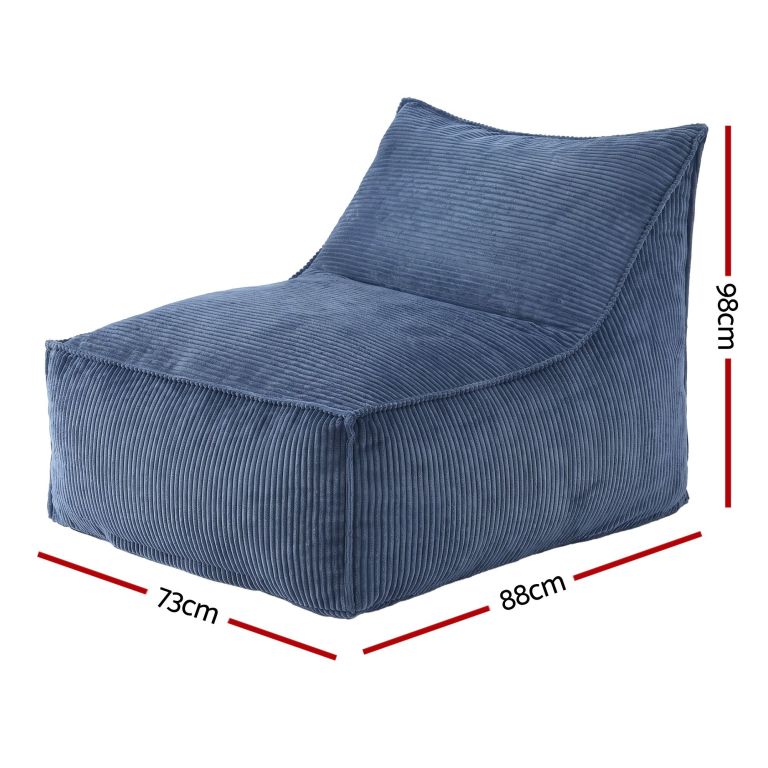 Blue corduroy bean bag chair with dimensions