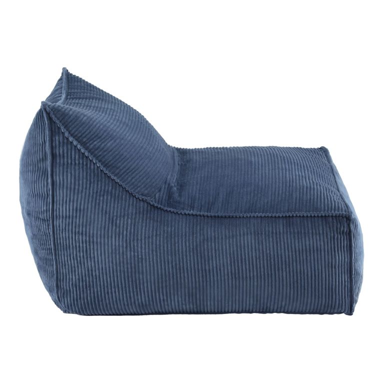 Blue corduroy bean bag chair side view