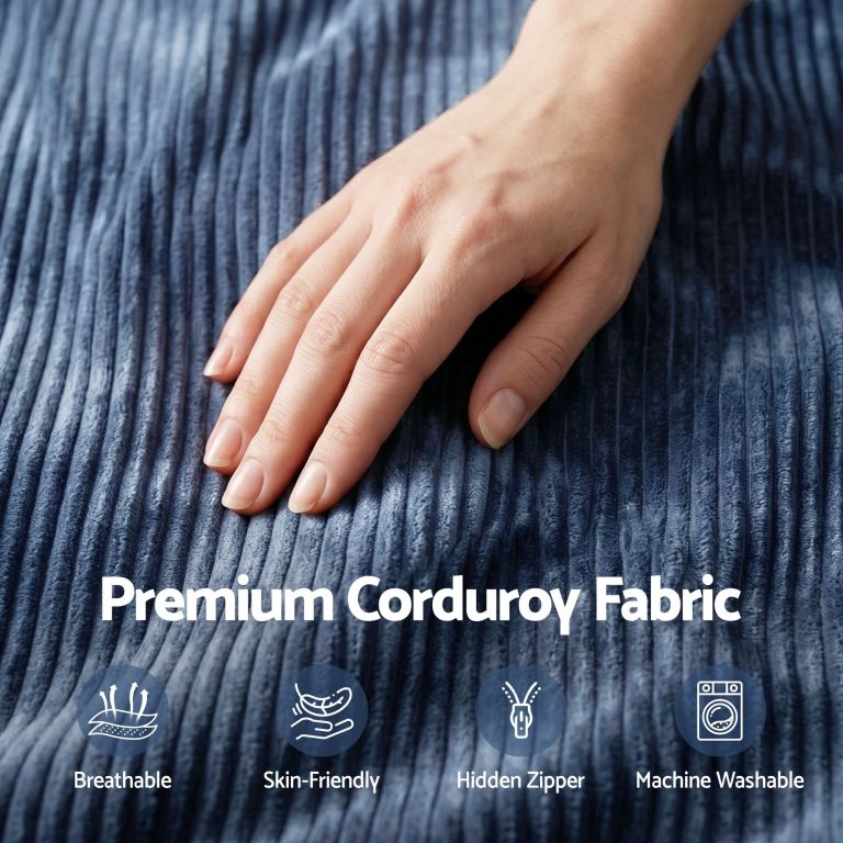 Hand touching premium blue corduroy fabric