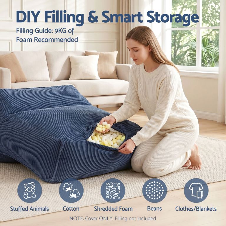 Woman filling large floor cushion with foam pieces