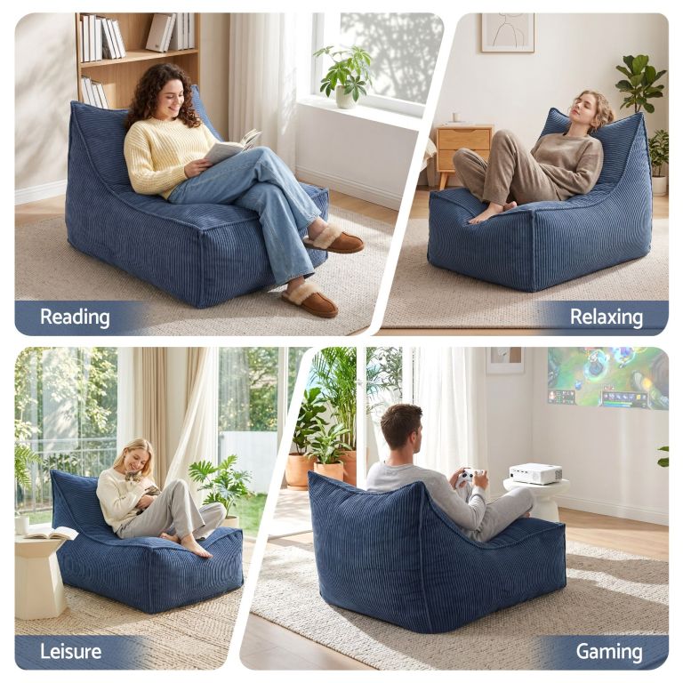 Blue corduroy floor chair for reading and relaxing