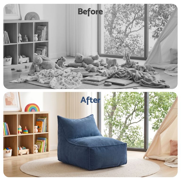 Before and after tidy children's playroom makeover