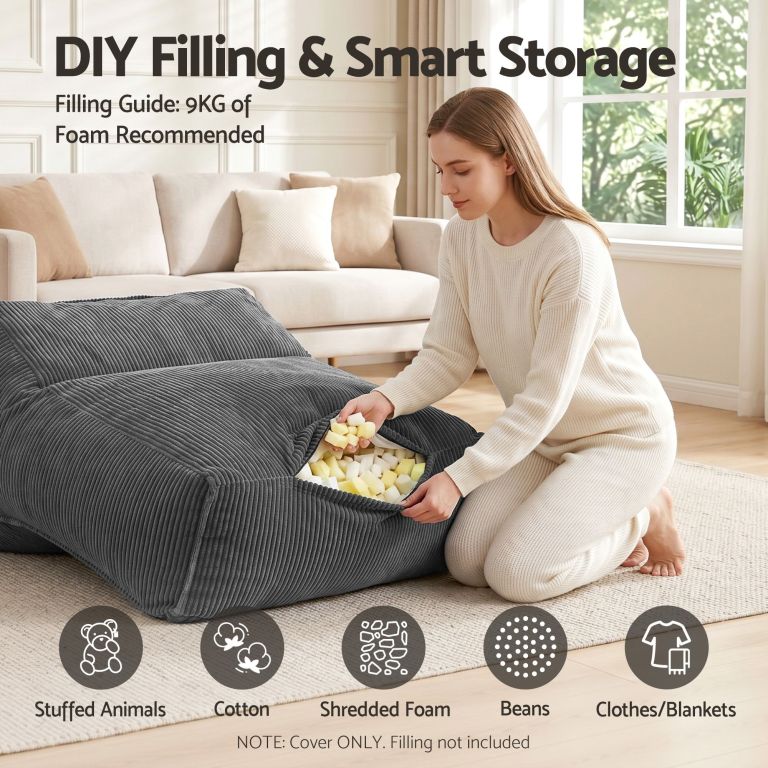Woman filling bean bag with foam pieces