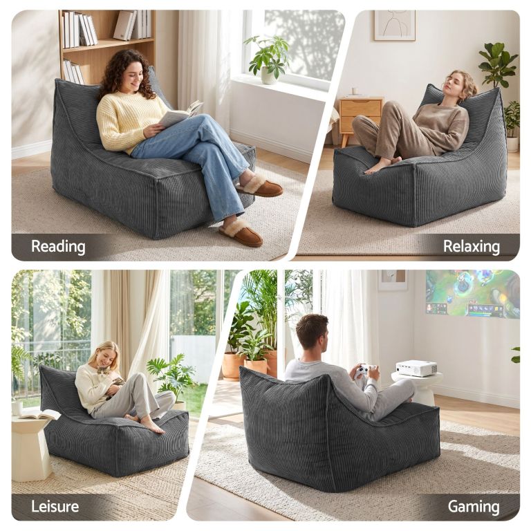 Grey corduroy floor lounge chair for reading and gaming