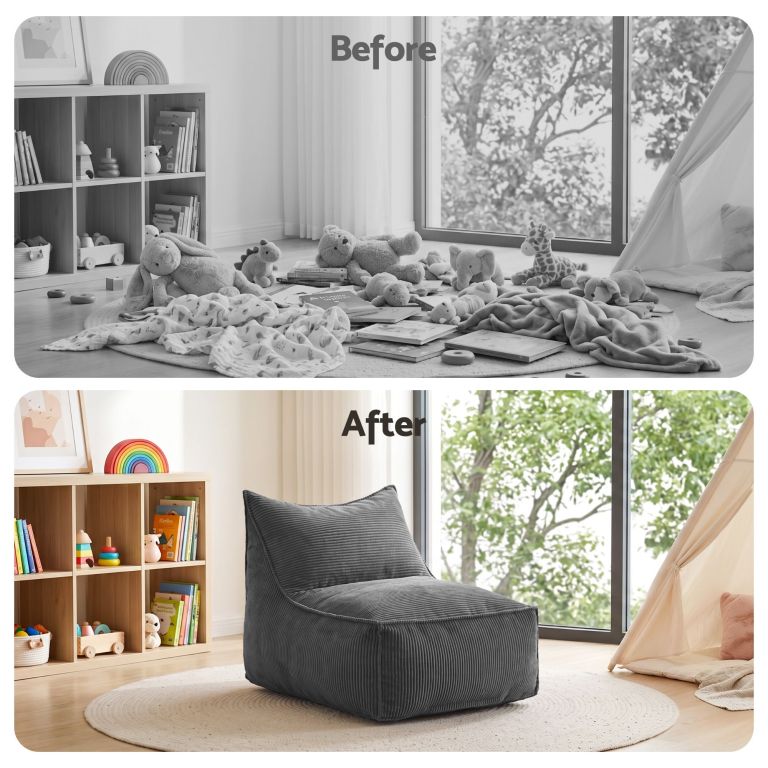 Before and after tidy children's playroom makeover