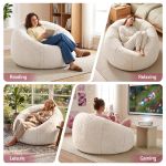 Women enjoying plush bean bag chair indoors