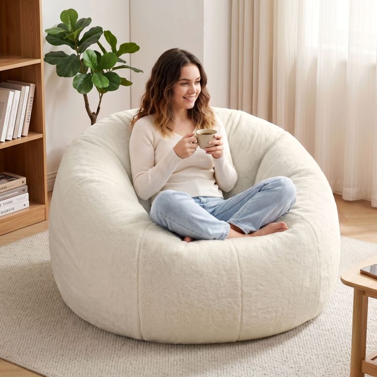 Woman relaxing on bean bag with coffee