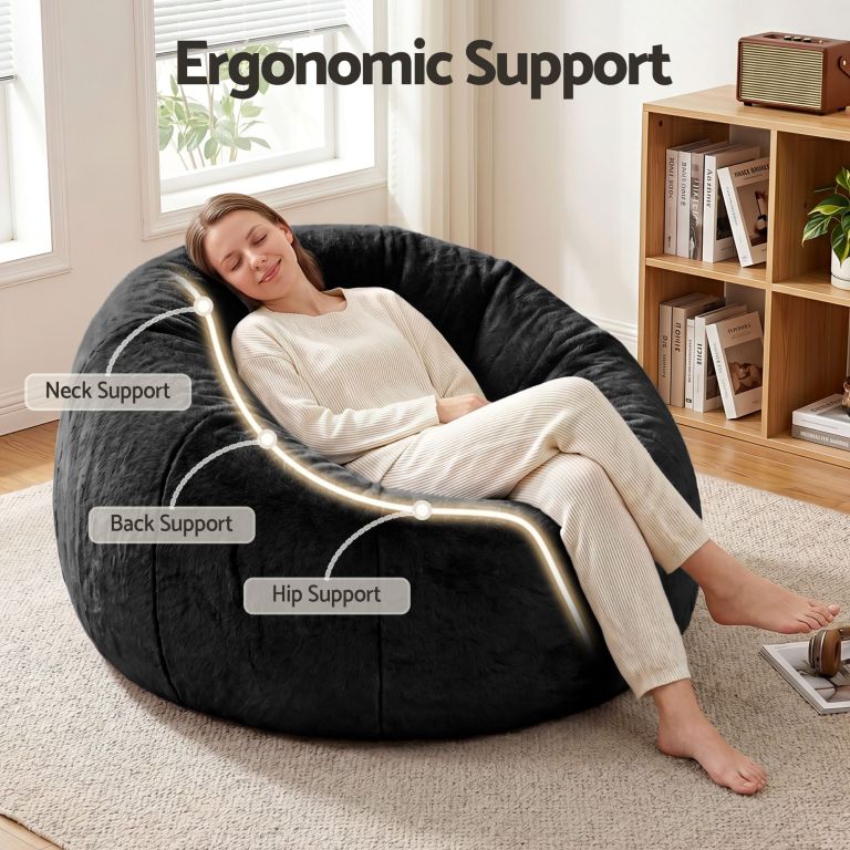 artiss bean bag chair cover (no filler) soft faux fur beanbag cover large round stuffed animal storage bean bag cover washable lazy sofa cover for adults kids teens, black Woman relaxing on ergonomic bean bag chair