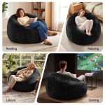 artiss bean bag chair cover (no filler) soft faux fur beanbag cover large round stuffed animal storage bean bag cover washable lazy sofa cover for adults kids teens, black Black bean bag chair for reading, relaxing, gaming