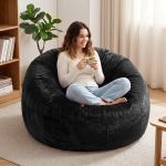artiss bean bag chair cover (no filler) soft faux fur beanbag cover large round stuffed animal storage bean bag cover washable lazy sofa cover for adults kids teens, black Woman relaxing on bean bag with coffee