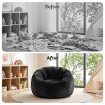 artiss bean bag chair cover (no filler) soft faux fur beanbag cover large round stuffed animal storage bean bag cover washable lazy sofa cover for adults kids teens, black Children’s playroom before and after tidy makeover