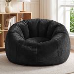 artiss bean bag chair cover (no filler) soft faux fur beanbag cover large round stuffed animal storage bean bag cover washable lazy sofa cover for adults kids teens, black Plush black round armchair in bright living room