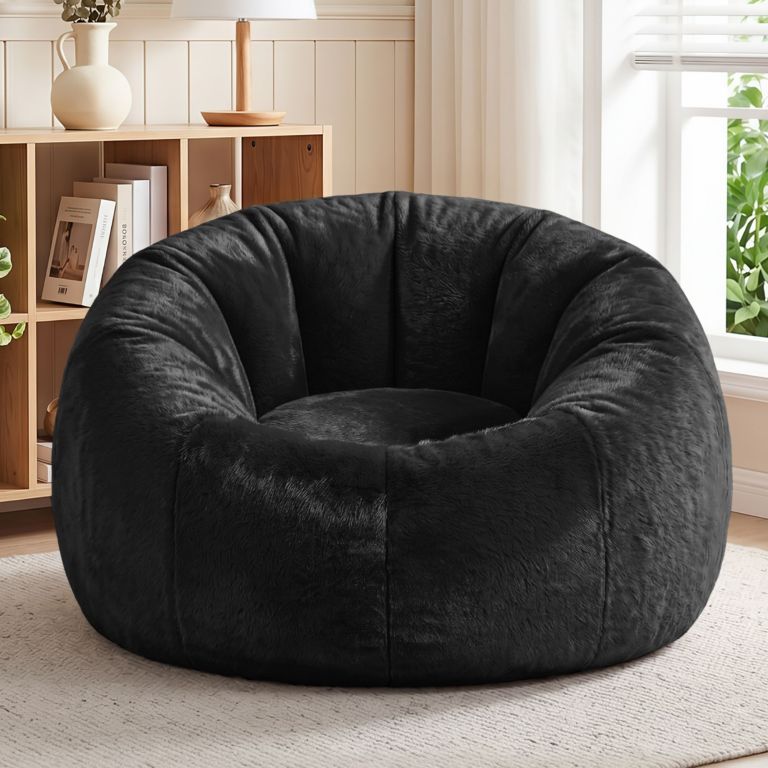 artiss bean bag chair cover (no filler) soft faux fur beanbag cover large round stuffed animal storage bean bag cover washable lazy sofa cover for adults kids teens, black Plush black round armchair in bright living room