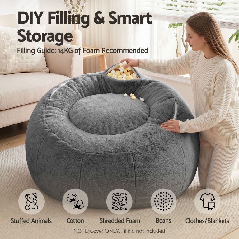 Woman filling grey bean bag with foam