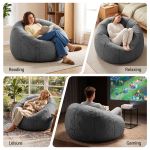 People relaxing on grey bean bag chair indoors