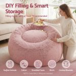 Woman filling pink bean bag with foam