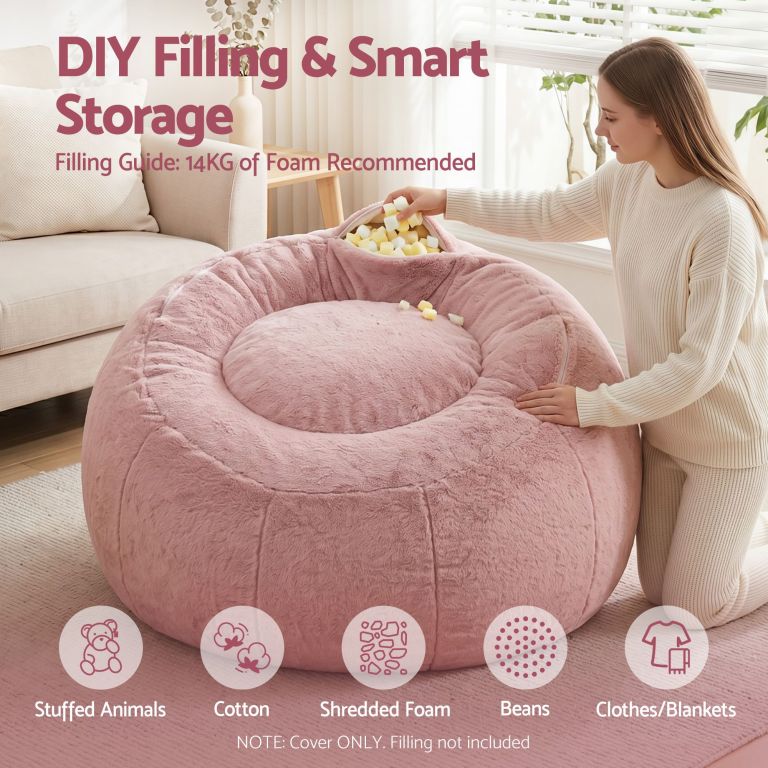 Woman filling pink bean bag with foam