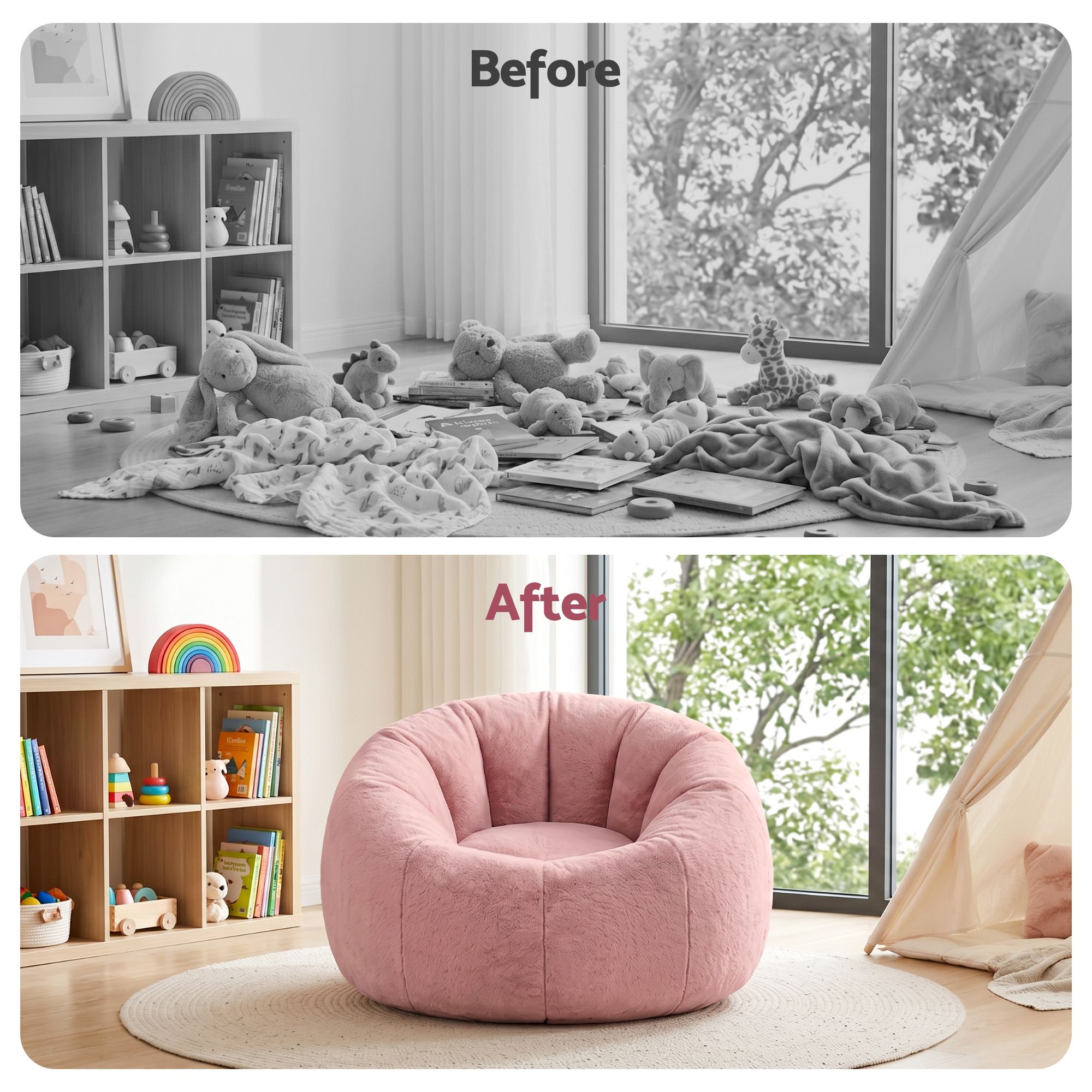 Children’s playroom before and after tidy makeover