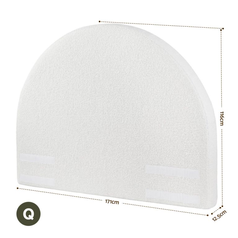 artiss queen size headboard for bed frame boucle fabric no assembly vacuum compressed soft backrest with removable washable cover 171cm wide White arched upholstered headboard with dimensions shown