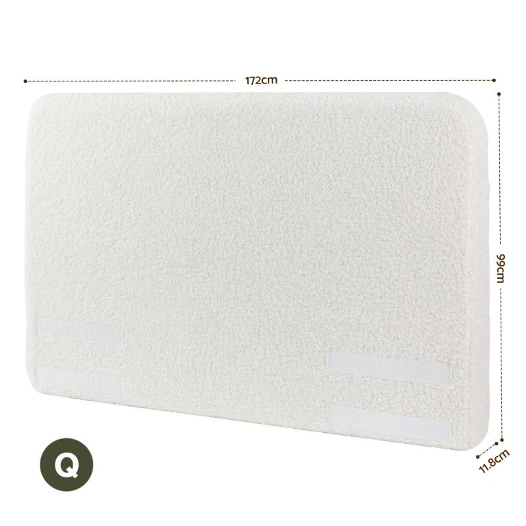 artiss queen headboard for bed frame boucle fabric no assembly vacuum compressed soft backrest with removable washable cover 172cm wide Cream mattress topper with dimensions labelled