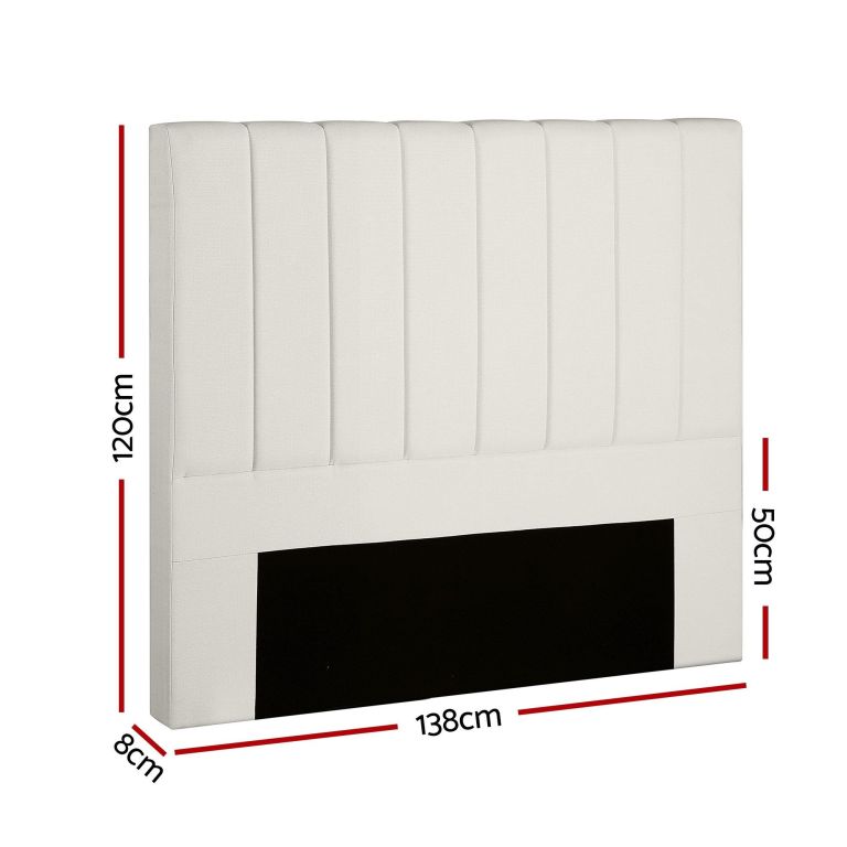 Beige upholstered headboard with vertical panels and dimensions