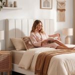 Woman reading book on stylish bedroom bed