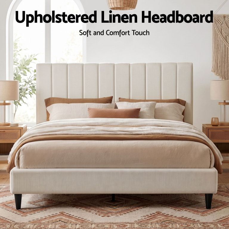 artiss bed head headboard king linen 183cm beige Upholstered linen headboard in modern bedroom setting