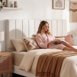artiss bed head headboard king linen 183cm beige Woman reading book on cosy neutral bedroom bed