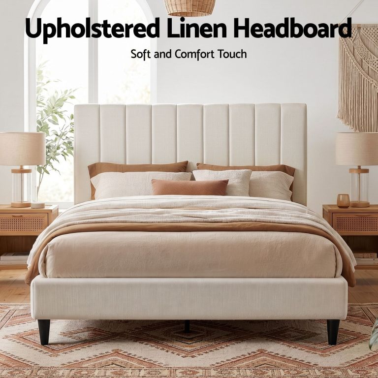 artiss bed head headboard queen linen 153cm beige Upholstered linen headboard in neutral bedroom setting