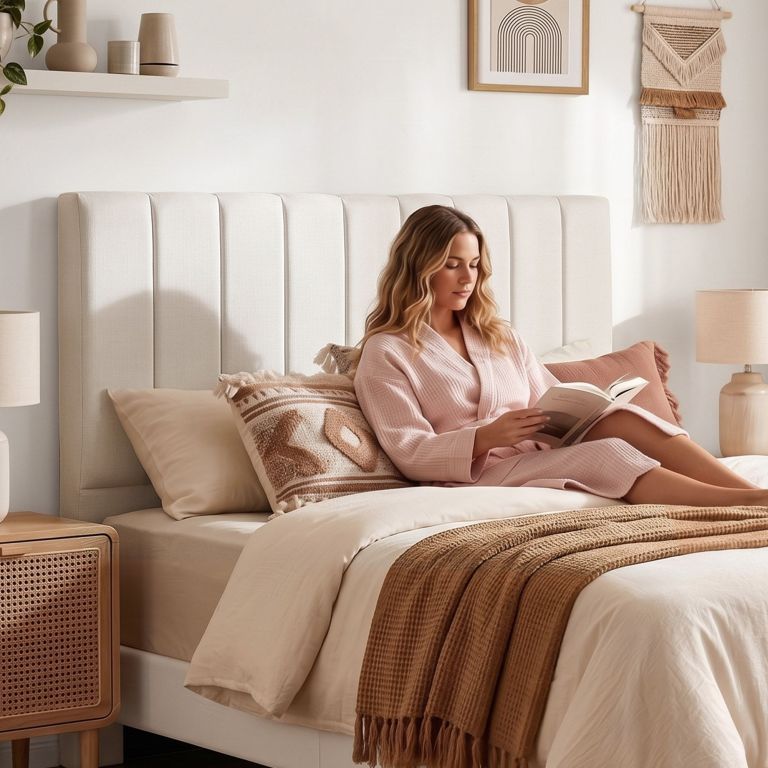 artiss bed head headboard queen linen 153cm beige Woman reading book on cosy bedroom bed