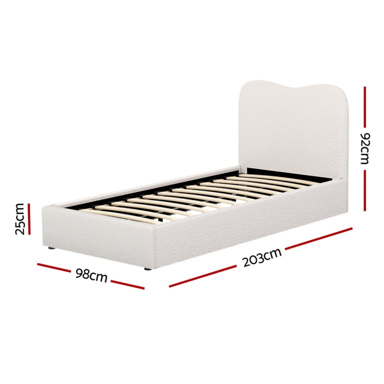 Upholstered single bed frame with dimensions labelled