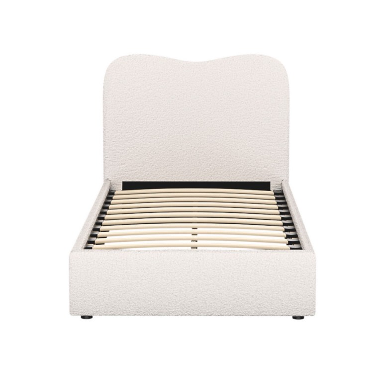 Upholstered bed frame with curved headboard and slats