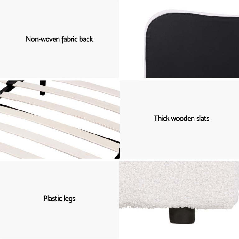 Bed base features with wooden slats and plastic legs