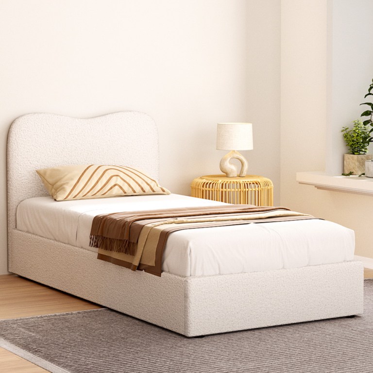 Minimalist upholstered bed in neutral bedroom setting