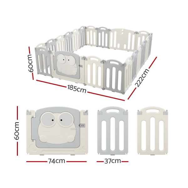 Modular baby playpen with dimensions labelled