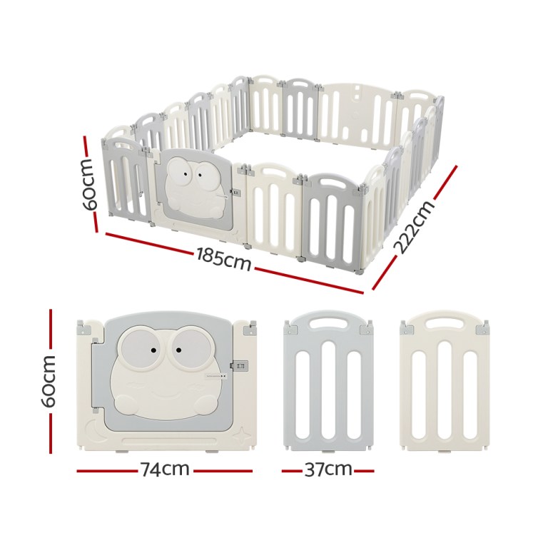 Modular baby playpen with dimensions labelled