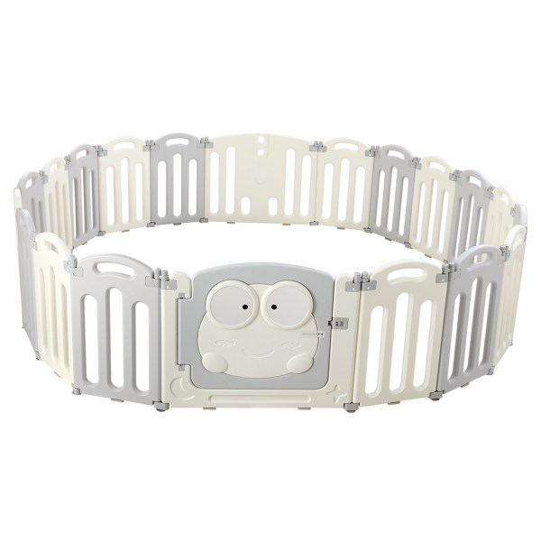 Circular baby playpen with frog-themed gate