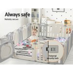 Baby playing safely inside secure indoor playpen