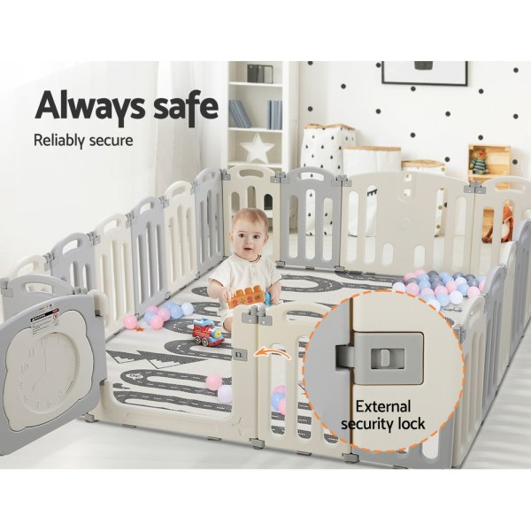 Baby playing safely inside secure indoor playpen