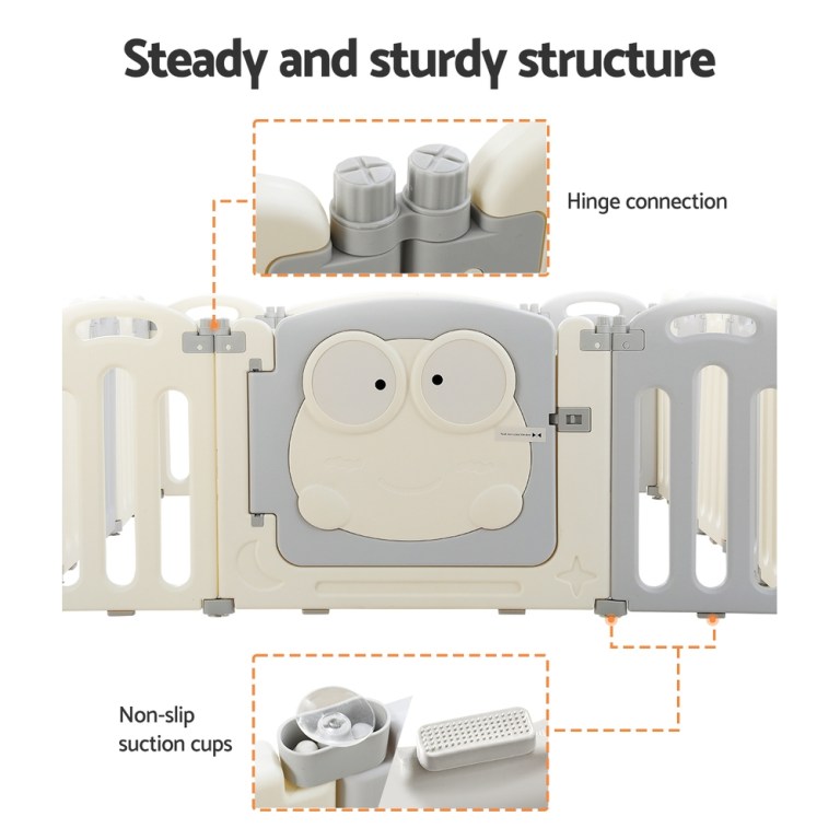 Baby playpen with sturdy hinge and suction cups