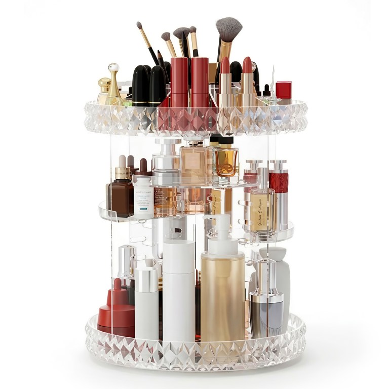 Rotating acrylic makeup organiser with cosmetics and brushes