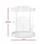 Clear rotating acrylic organiser with dimensions displayed
