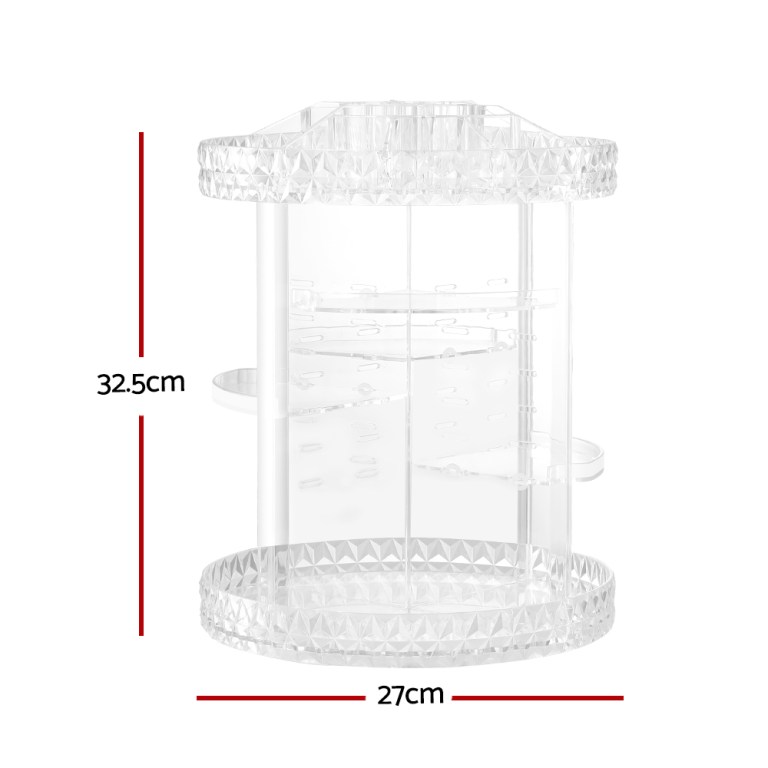 Clear rotating acrylic organiser with dimensions displayed